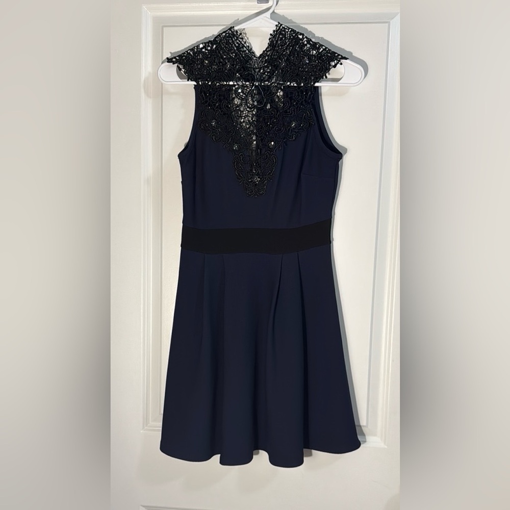 Blue Mock Neck Fit and Flare Cocktail Dress